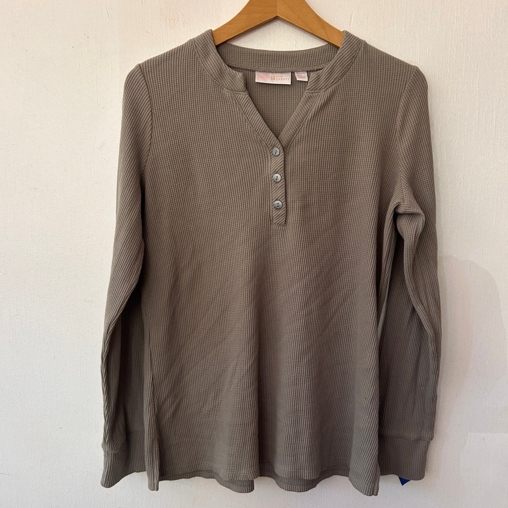 Belle Kim Gravel Henley Top Womens Medium Taupe Waffle Knit Thermal Gorpcore